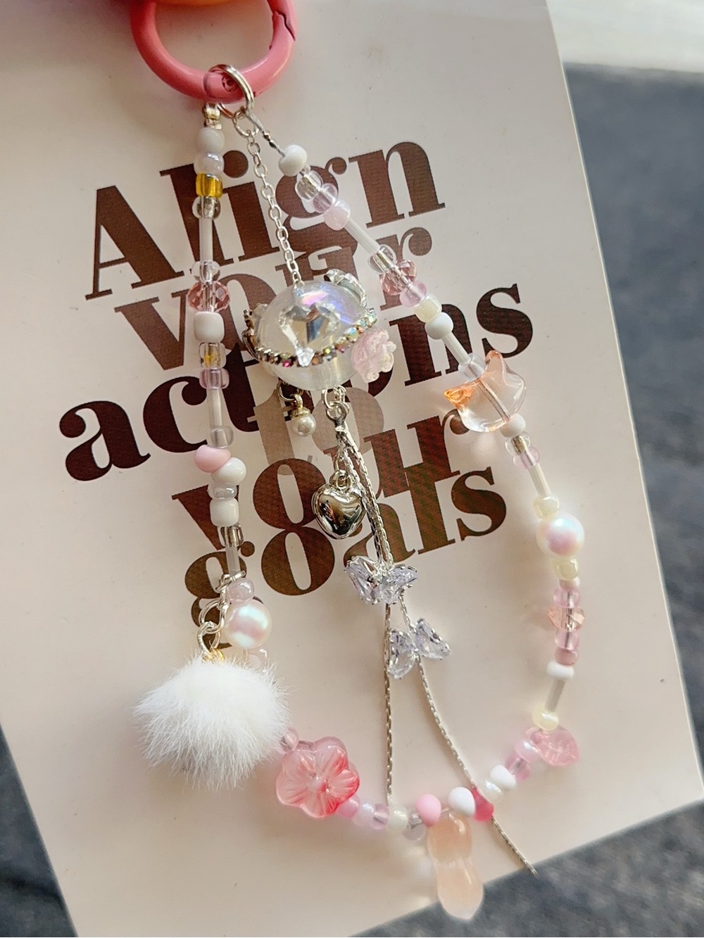 Pink Bead Phone, Bag Charm Lanyard with Pom Pom